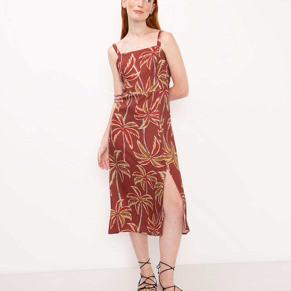 Vestido midi de viscose estampado laranja Vestido midi de viscose estampado laranja
