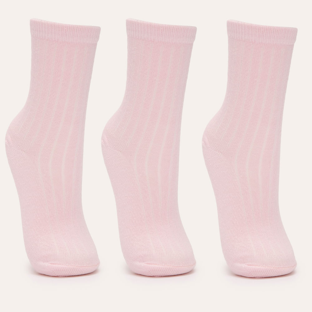 Kit de 3 pares de meia canelada juvenil rosa Kit de 3 pares de meia canelada juvenil rosa