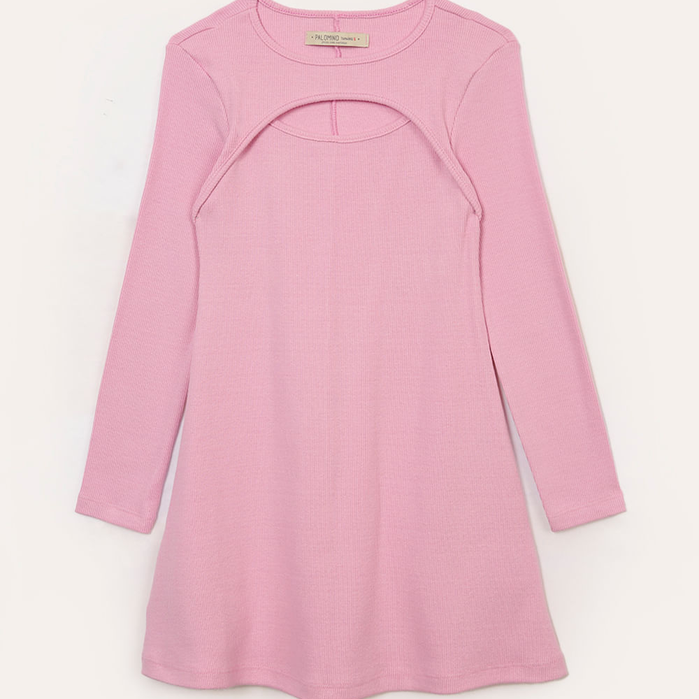 Vestido de algodão infantil canelado com recorte rosa Vestido de algodão infantil canelado com recorte rosa