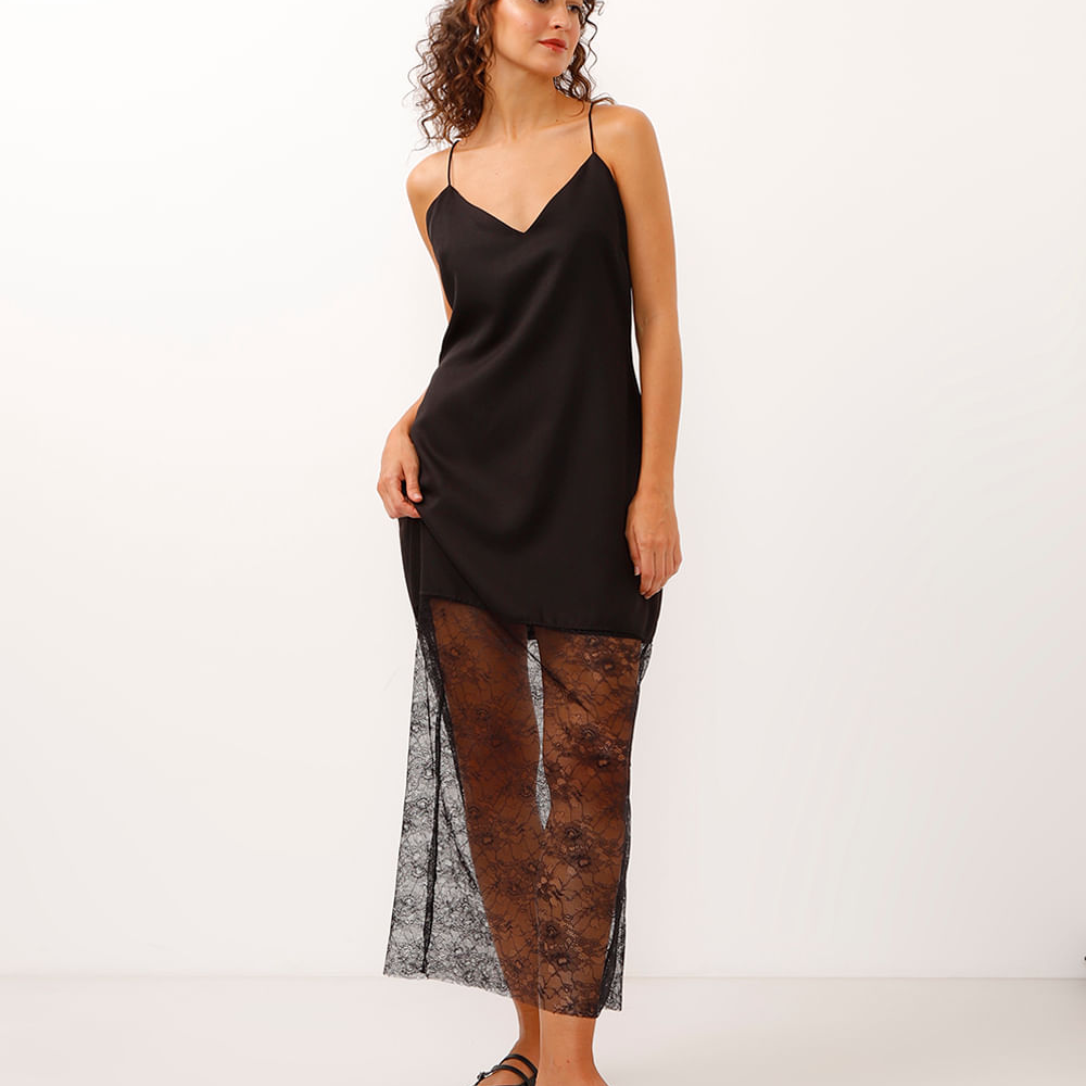Vestido longo alça fina com barra rendada preto Vestido longo alça fina com barra rendada preto