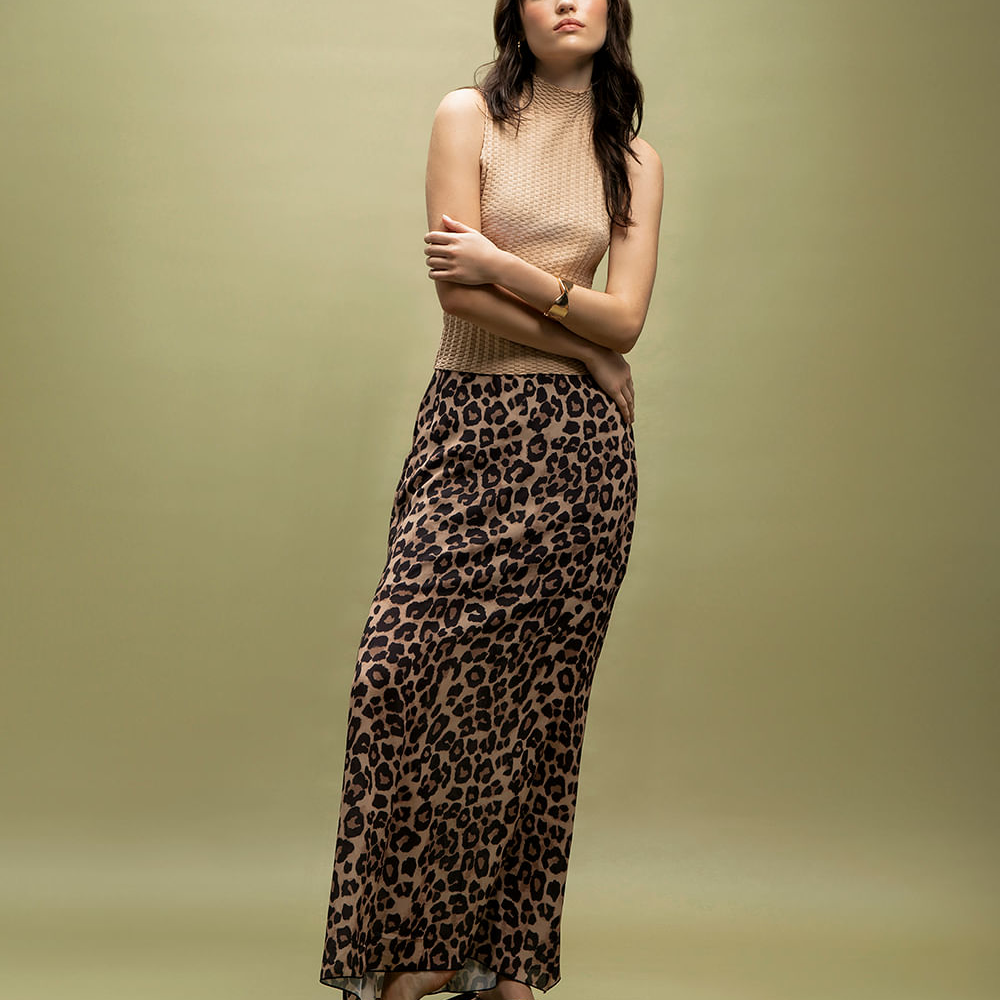 Saia longa cintura média animal print bege Saia longa cintura média animal print bege