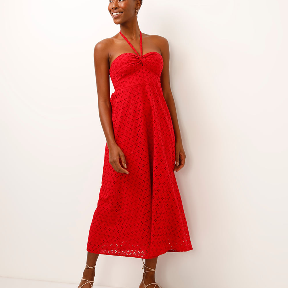 Vestido midi de laise decote coração vermelho Vestido midi de laise decote coração vermelho