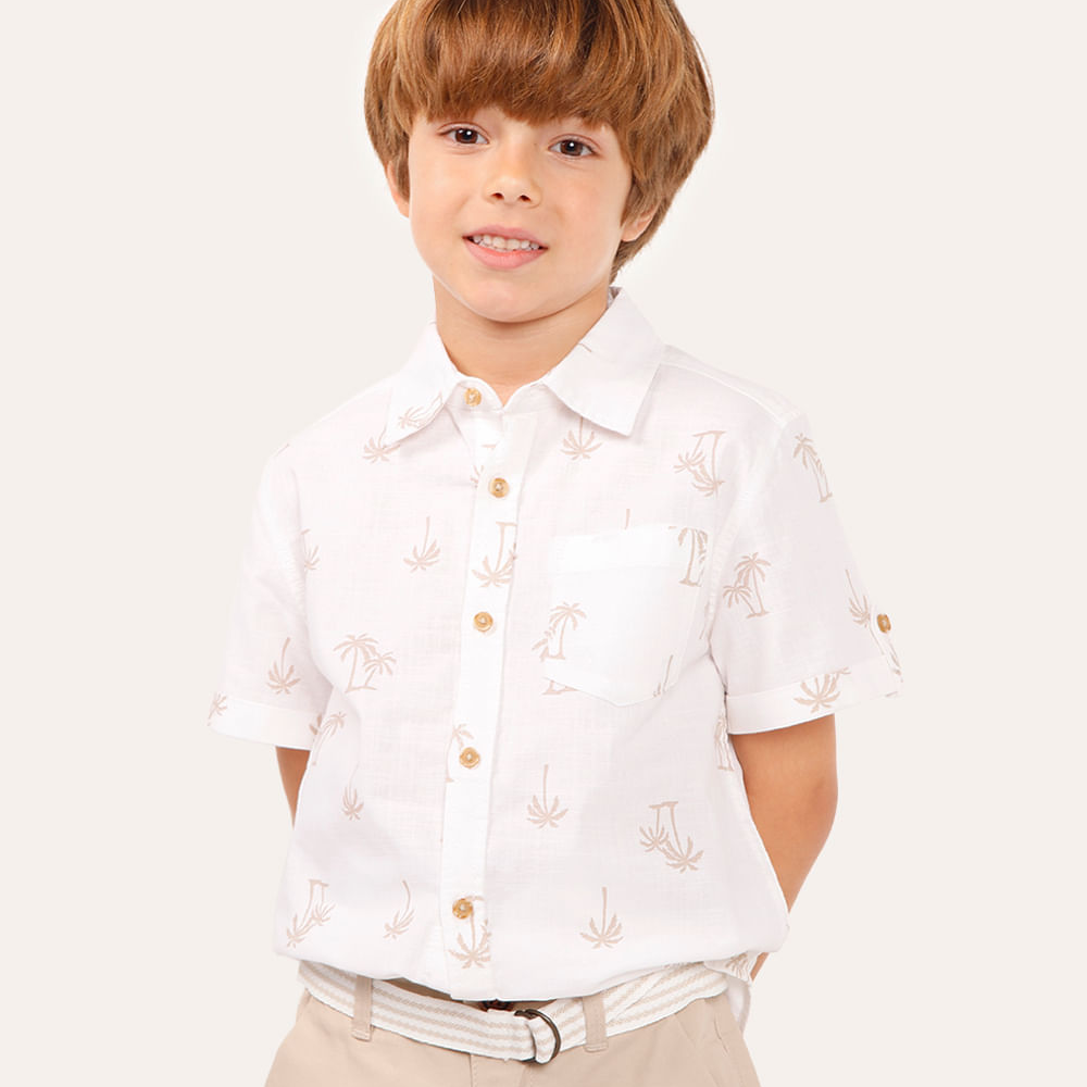 Camisa infantil de algodão coqueiros branca Camisa infantil de algodão coqueiros branca