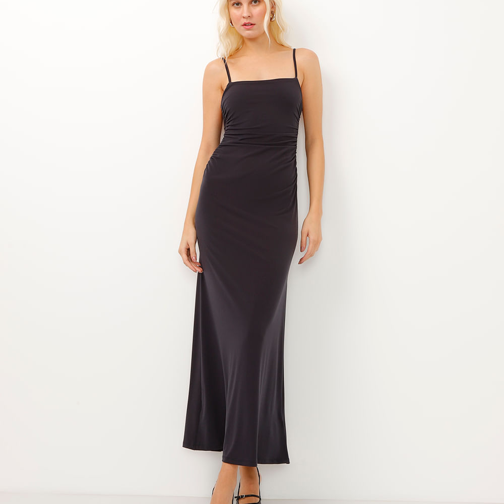Vestido longo alça fina com franzidos preto Vestido longo alça fina com franzidos preto