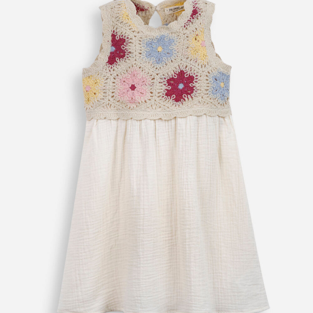 Vestido curto infantil texturizado crochê bege Vestido curto infantil texturizado crochê bege
