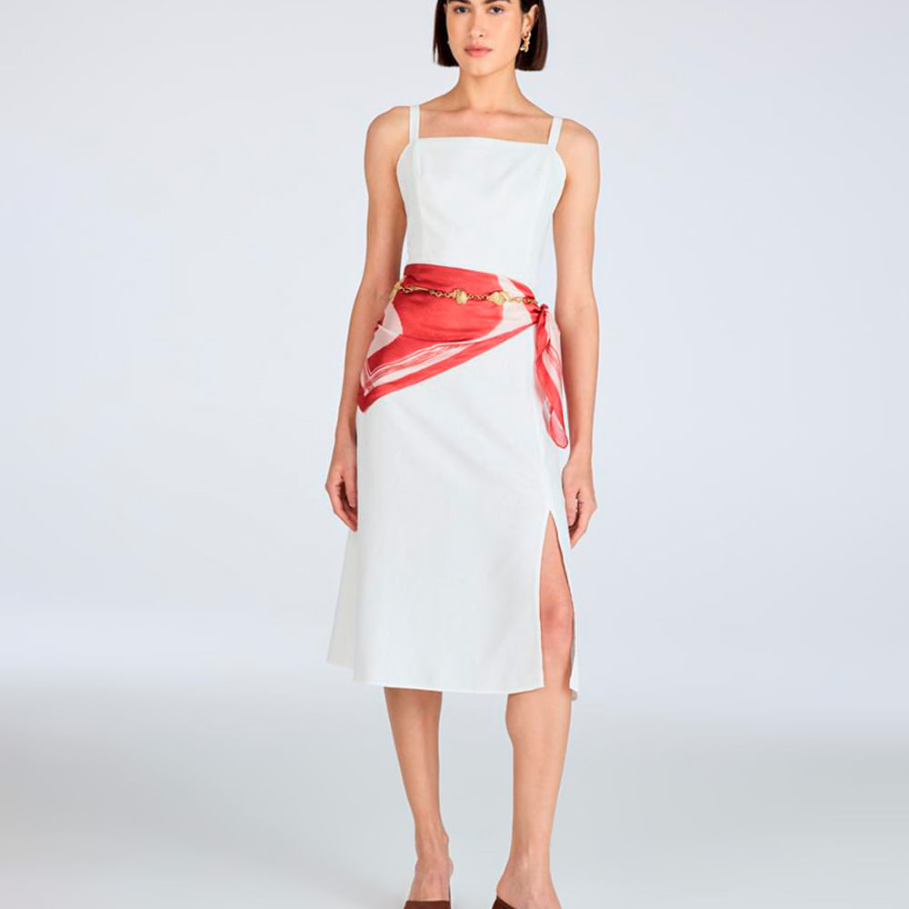 Vestido midi com linho decote quadrado off white Vestido midi com linho decote quadrado off white