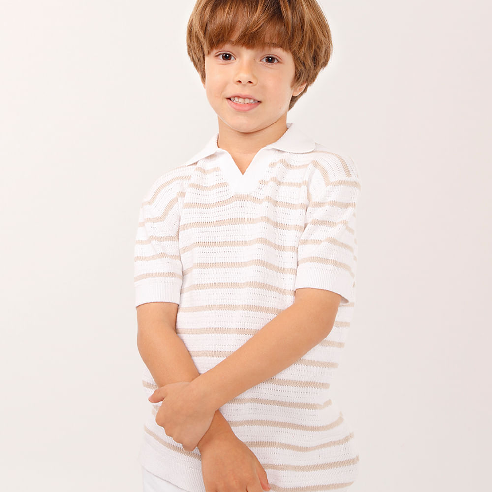 Polo de tricot infantil listrada bege Polo de tricot infantil listrada bege