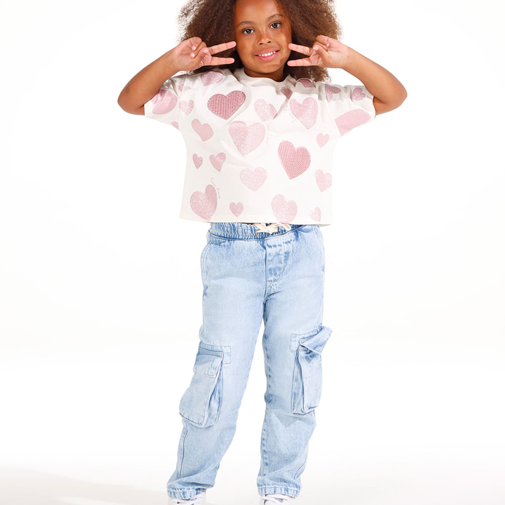 Blusa de algodão infantil corações paetê off white Blusa de algodão infantil corações paetê off white