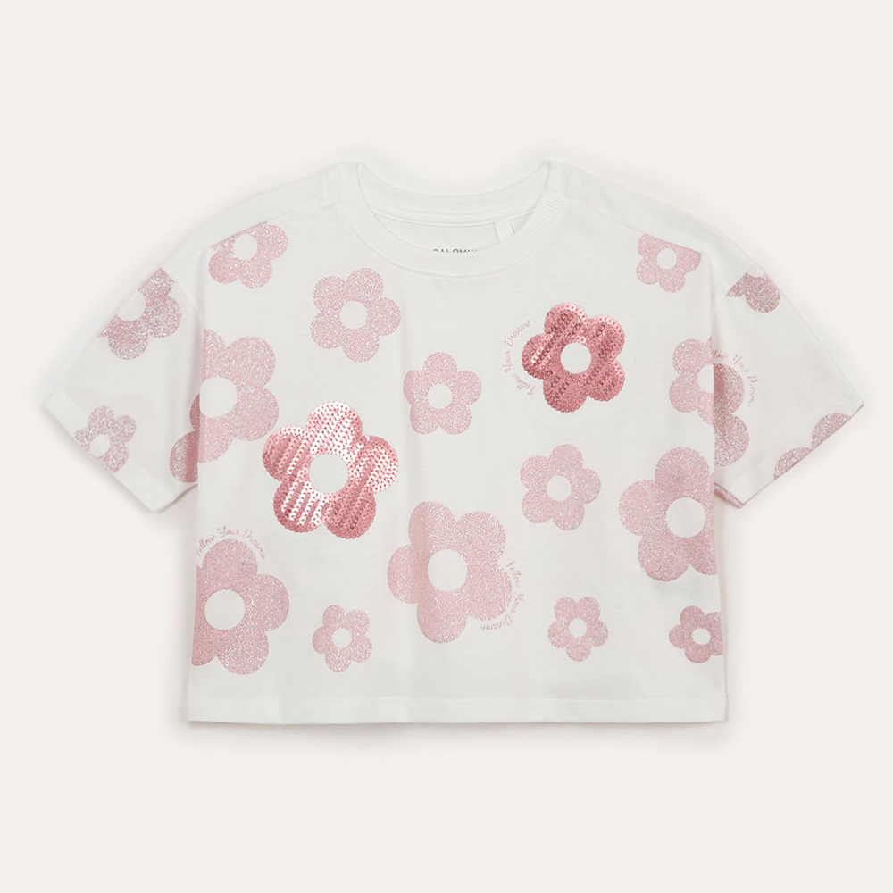 Camiseta de algodão infantil floral com paête off white Camiseta de algodão infantil floral com paête off white