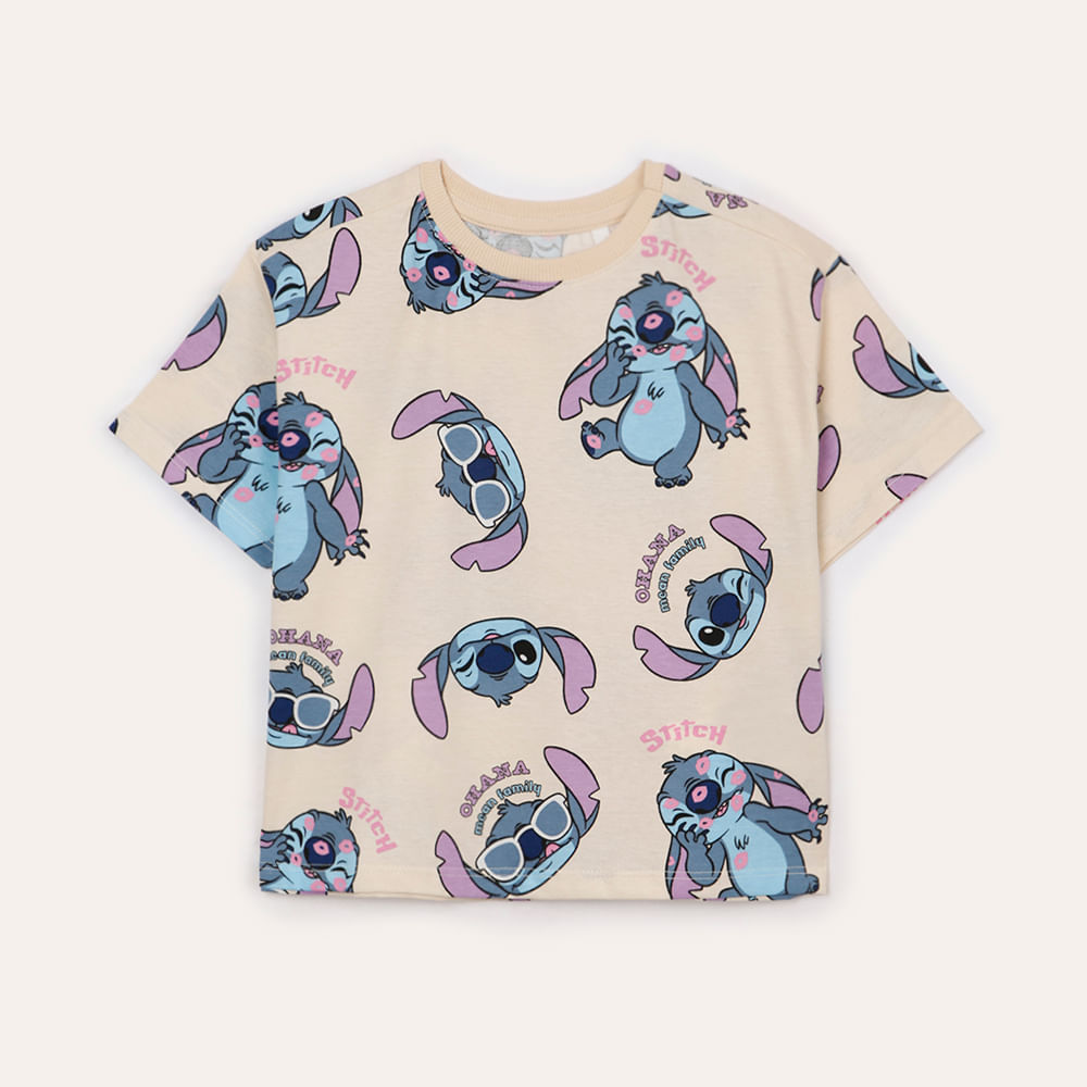Blusa de algodão infantil stitch manga curta bege Blusa de algodão infantil stitch manga curta bege