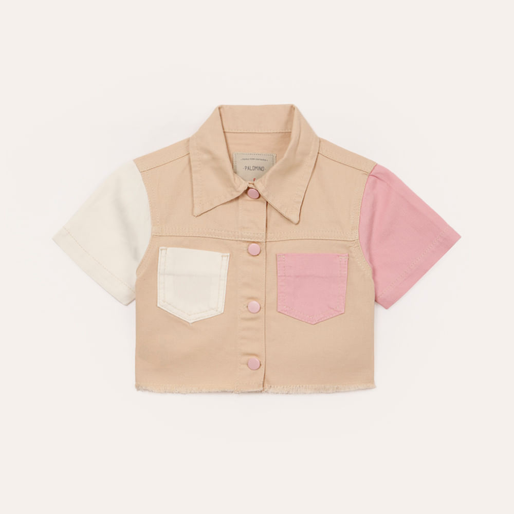 Camisa infantil cropped de sarja tricolor bege Camisa infantil cropped de sarja tricolor bege