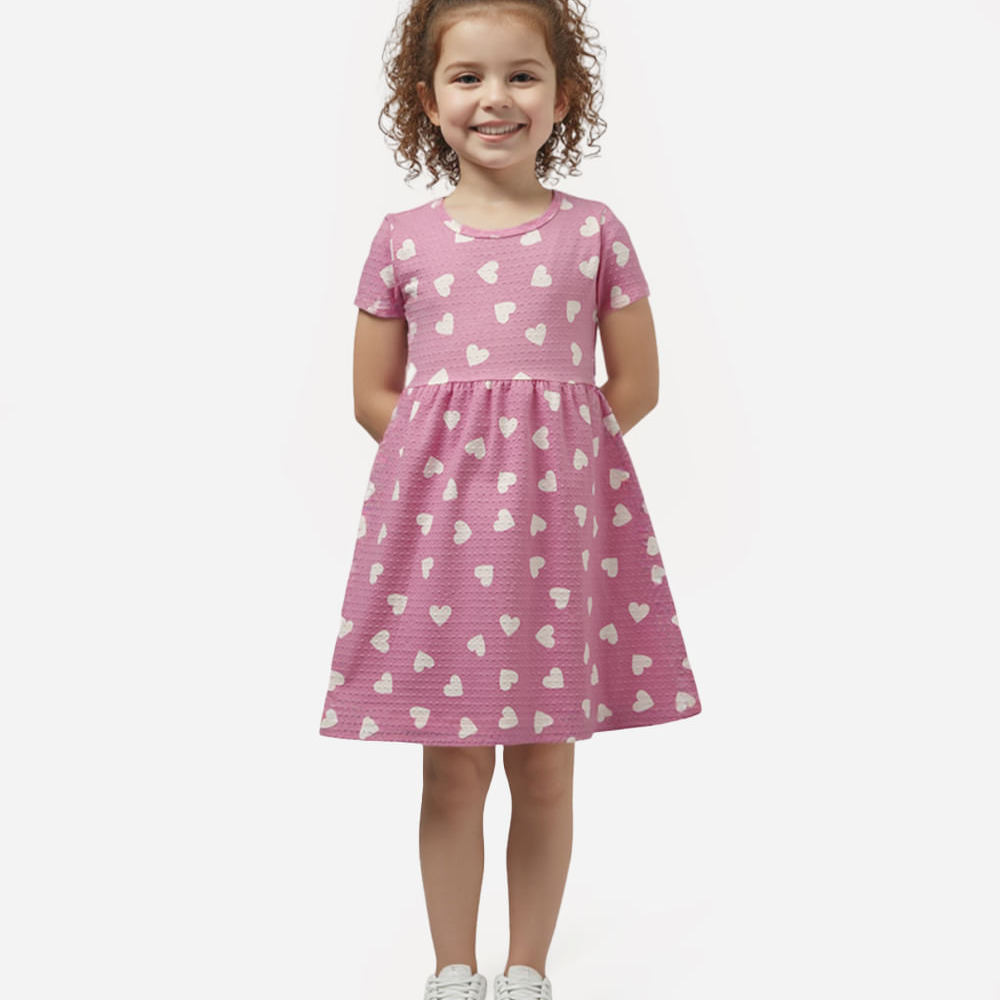 Vestido midi infantil corações texturizado rosa