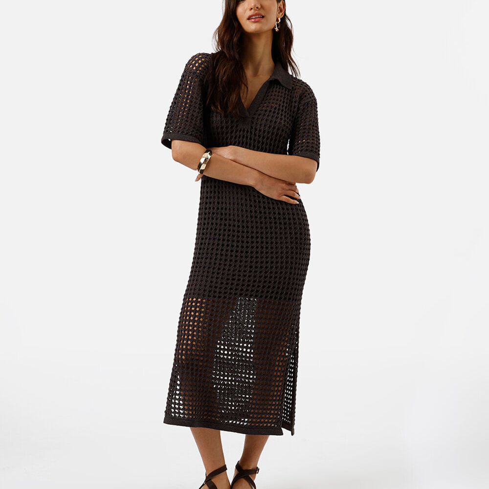 Vestido midi feminino de tricot gola polo marrom Vestido midi feminino de tricot gola polo marrom