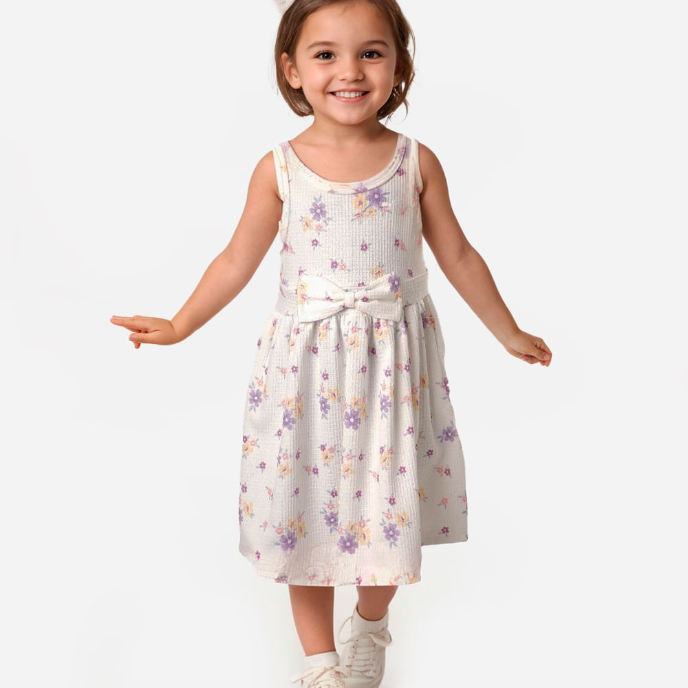 Vestido infantil com laço floral off white Vestido infantil com laço floral off white