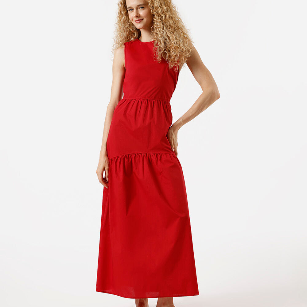Vestido longo feminino de algodão com recortes vermelho Vestido longo feminino de algodão com recortes vermelho