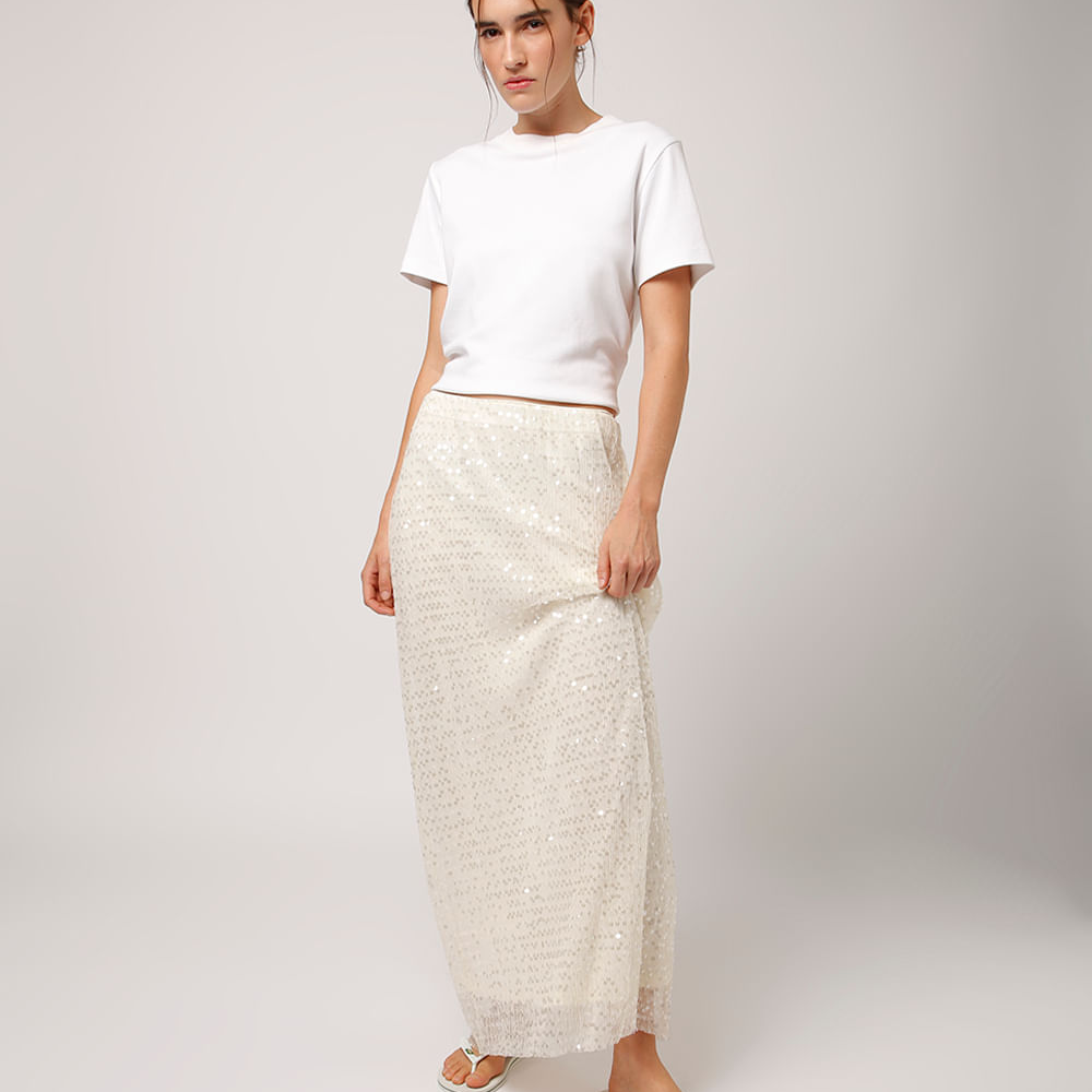 Saia longa de tule com paetê mindset off white Saia longa de tule com paetê mindset off white