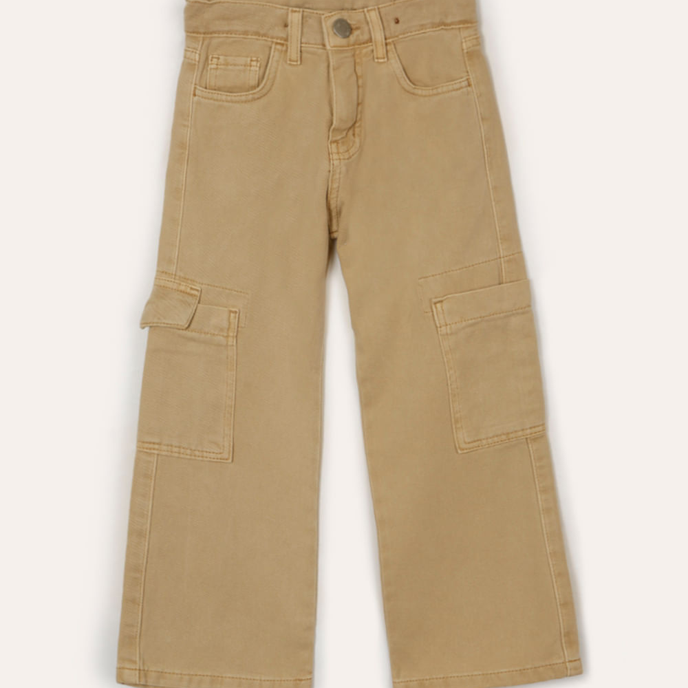 Calça wide leg de sarja infantil bolsos cargo bege Calça wide leg de sarja infantil bolsos cargo bege