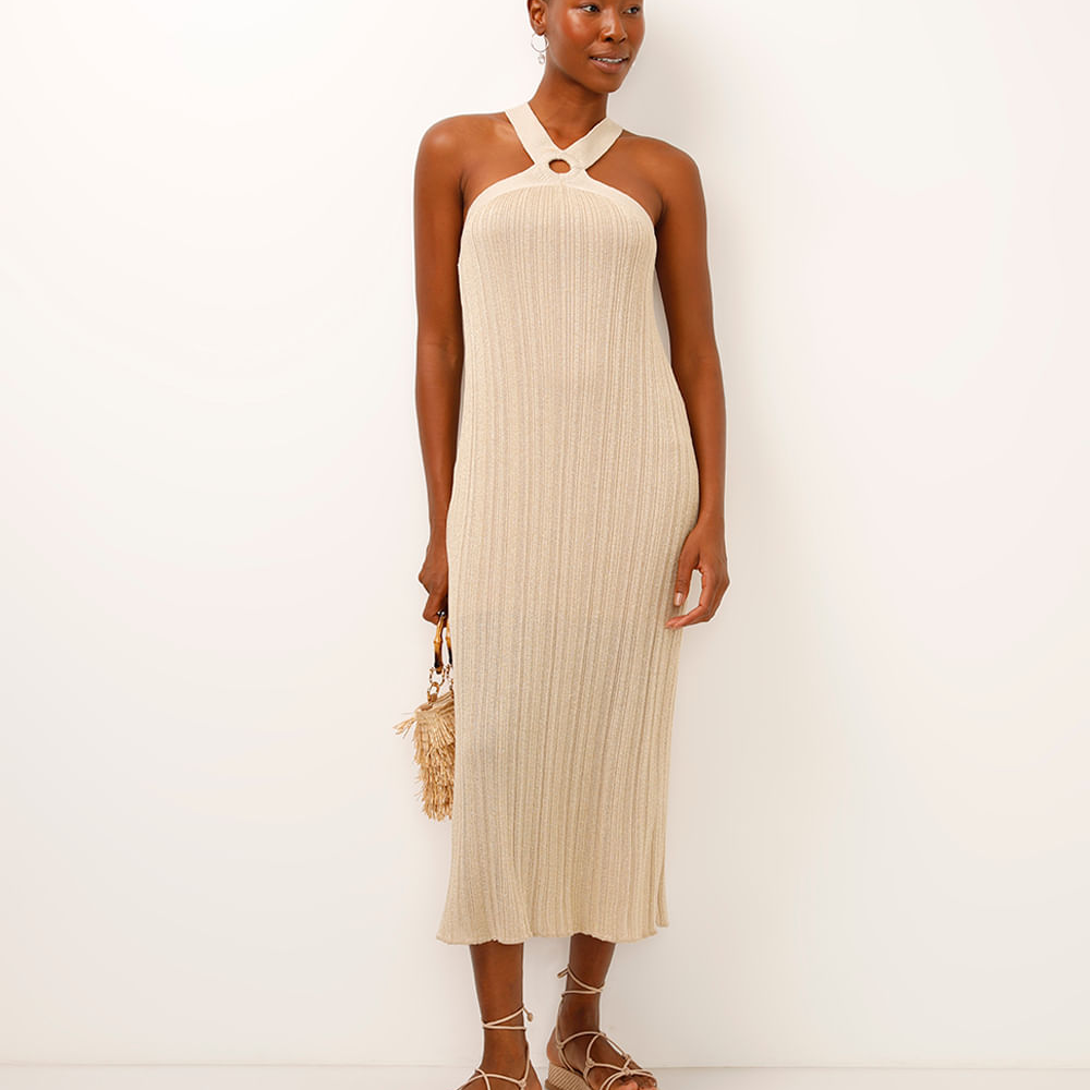 Vestido halterneck de tricot com lurex dourado Vestido halterneck de tricot com lurex dourado