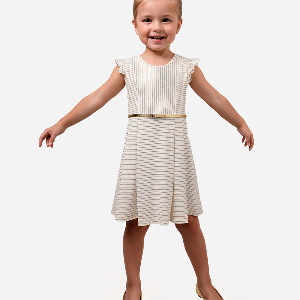 Vestido infantil listrado com cinto off white Vestido infantil listrado com cinto off white