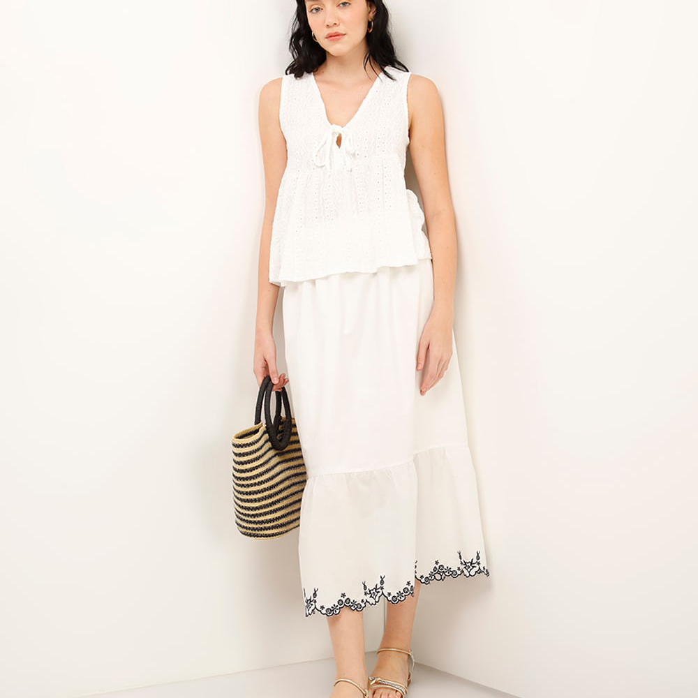Saia midi de algodão com bordado off white Saia midi de algodão com bordado off white