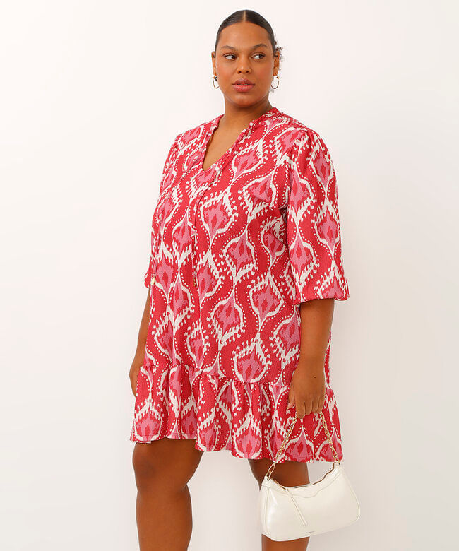Vestido curto manga bufante com babados arabesco rosa Vestido curto manga bufante com babados arabesco rosa