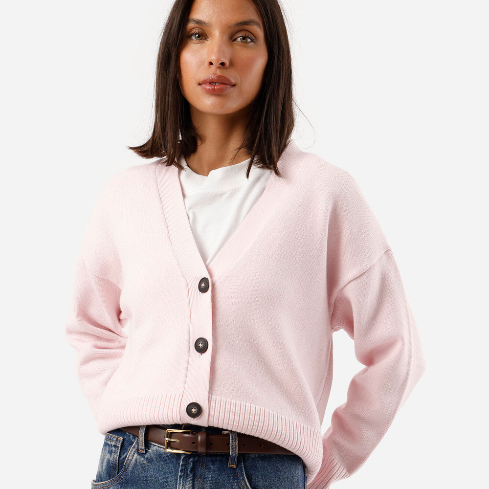 Cardigan feminino de tricot decote v rosa Cardigan feminino de tricot decote v rosa