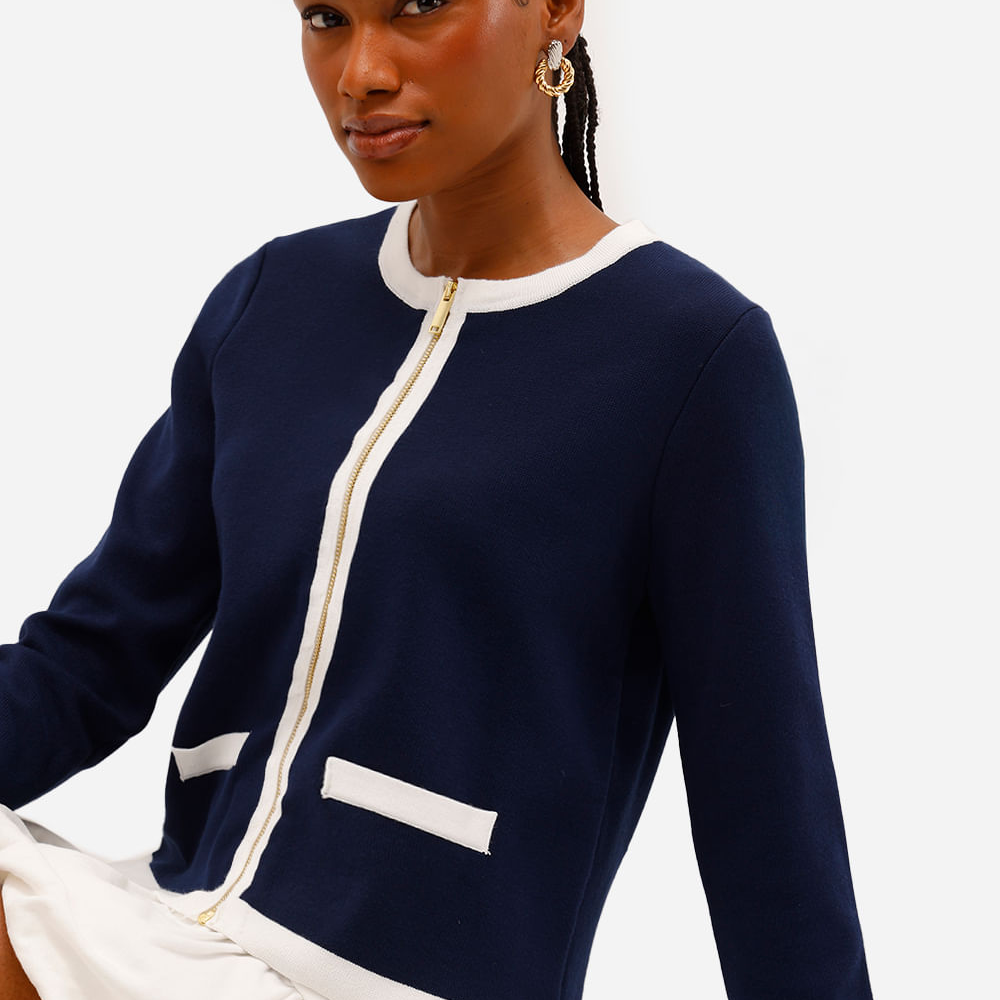 Cardigan feminino de tricot com zíper azul Cardigan feminino de tricot com zíper azul