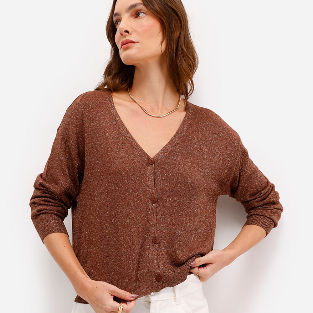 Cardigan feminino de tricot com lurex marrom Cardigan feminino de tricot com lurex marrom