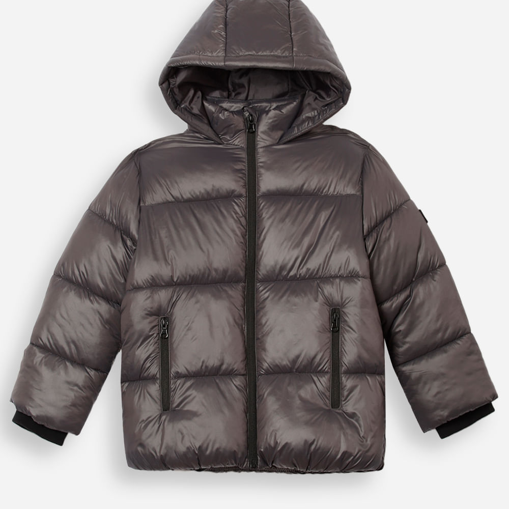 Jaqueta puffer infantil com capuz cinza