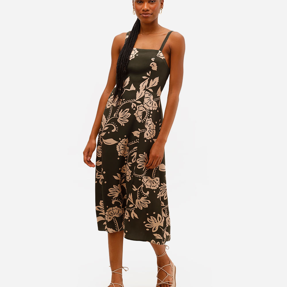 Vestido midi feminino de viscose floral com fenda verde