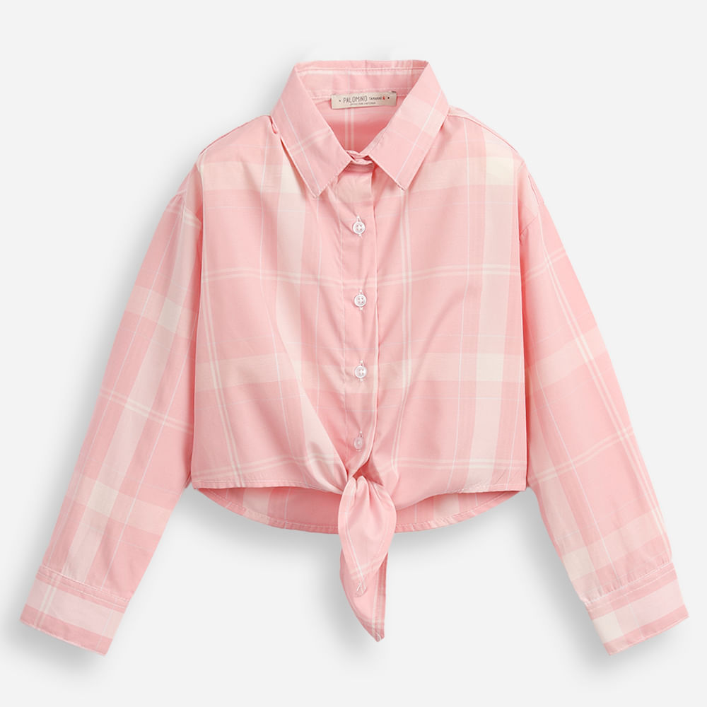 Camisa infantil com nó xadrez rosa Camisa infantil com nó xadrez rosa