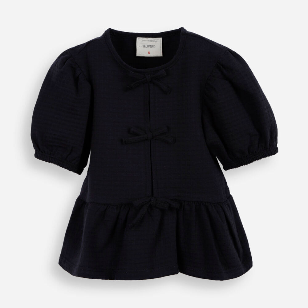 Blusa de algodão infantil com lacinho texturizada preta Blusa de algodão infantil com lacinho texturizada preta