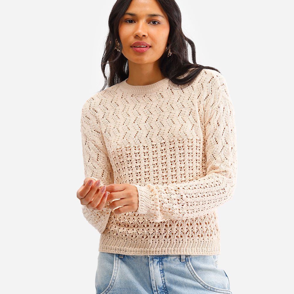 Suéter feminino de tricot decote redondo bege Suéter feminino de tricot decote redondo bege