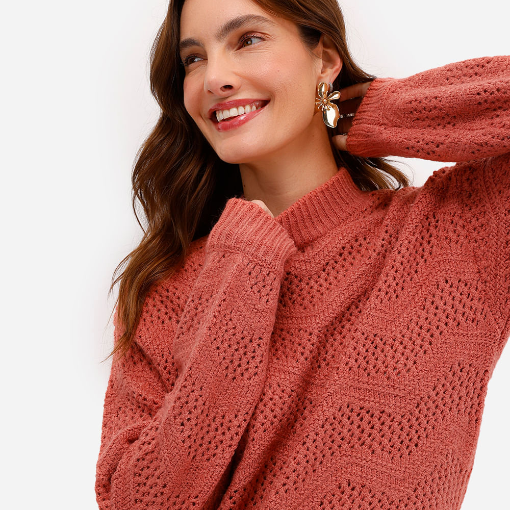 Suéter feminino de tricot texturizado rosa Suéter feminino de tricot texturizado rosa