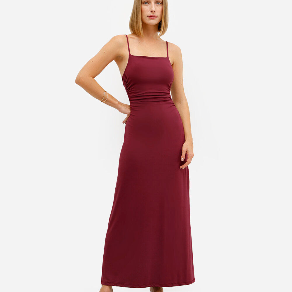 Vestido longo feminino franzido alça fina vinho Vestido longo feminino franzido alça fina vinho