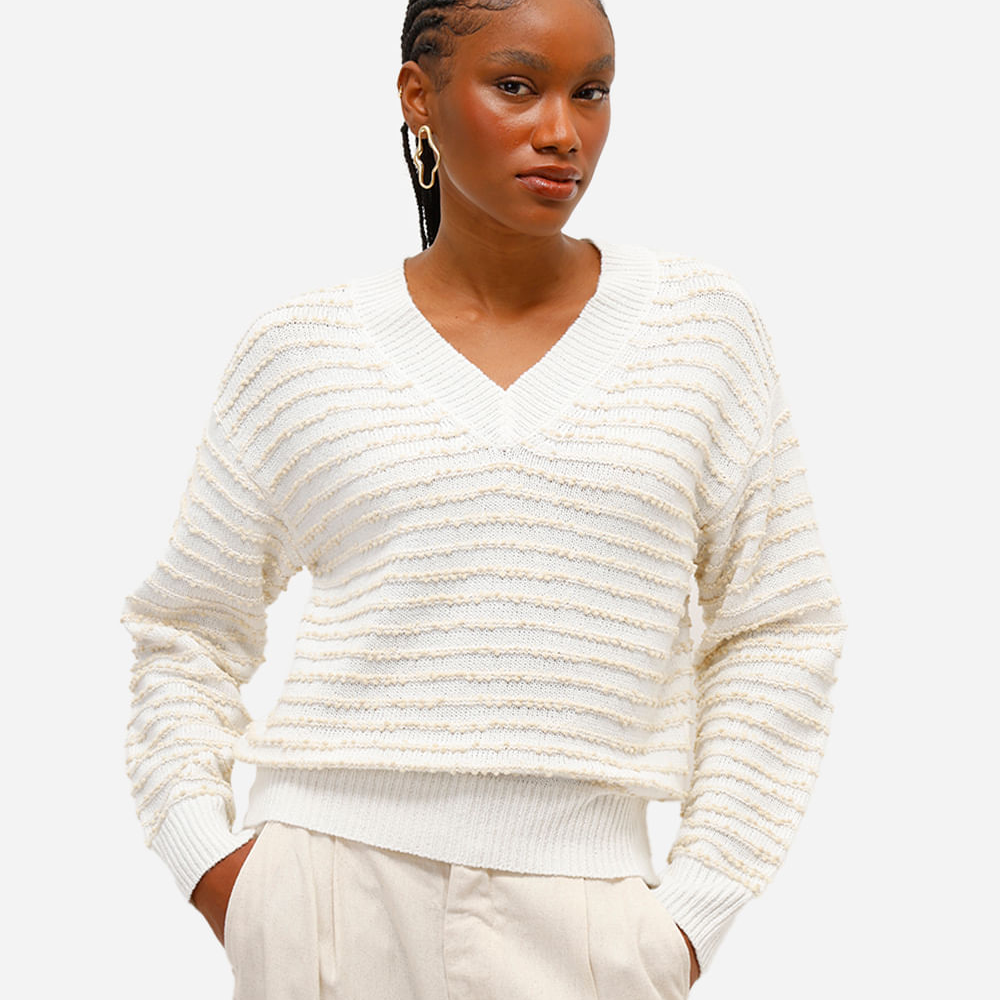 Suéter feminino de tricot texturizado listrado - off white Suéter feminino de tricot texturizado listrado - off white