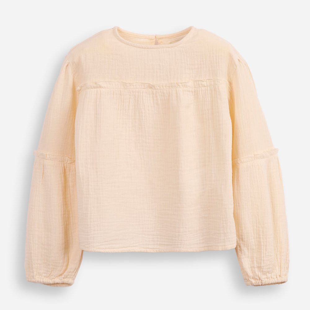 Blusa infantil de algodão manga bufante texturizada bege Blusa infantil de algodão manga bufante texturizada bege