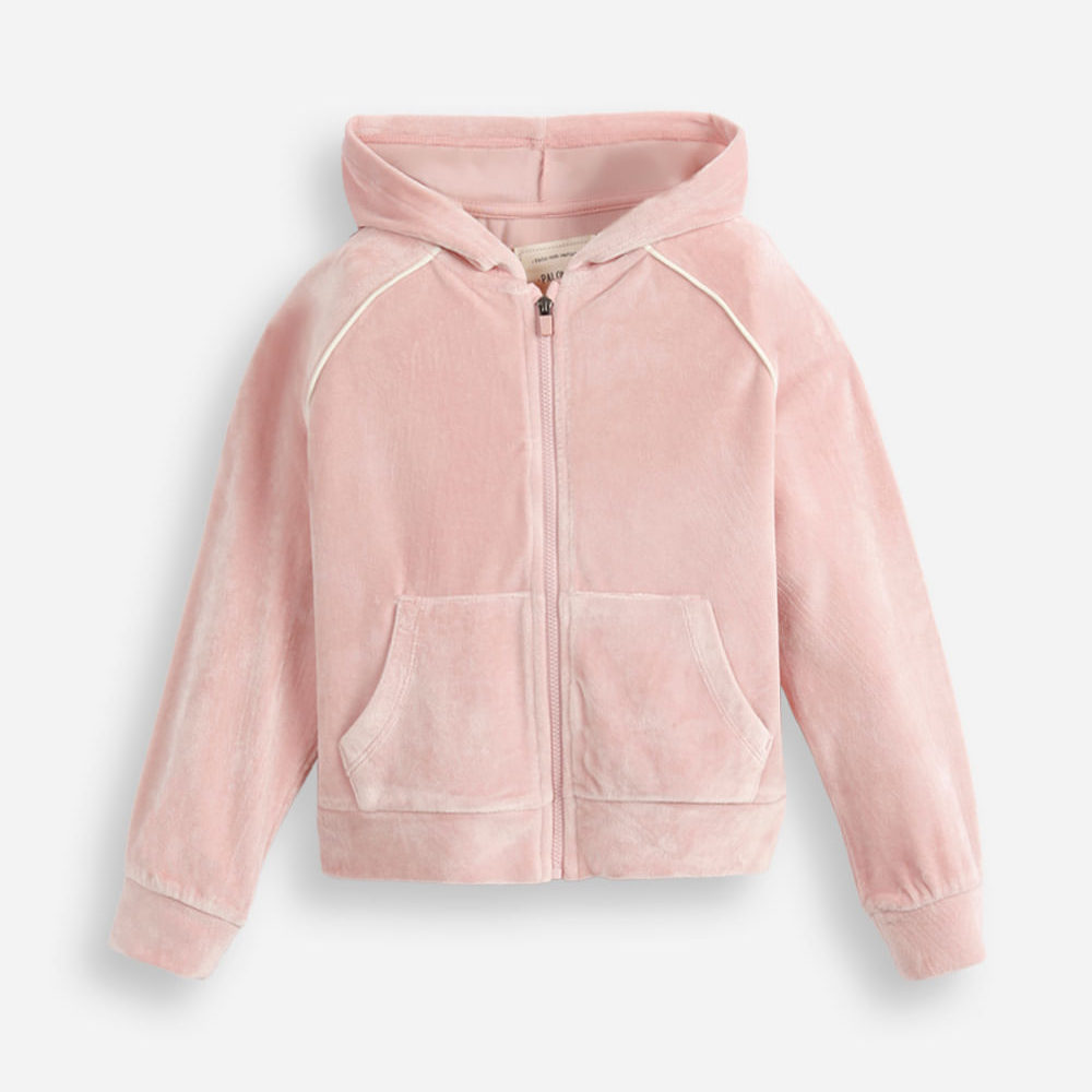 Jaqueta de plush infantil com capuz e bolso rosa