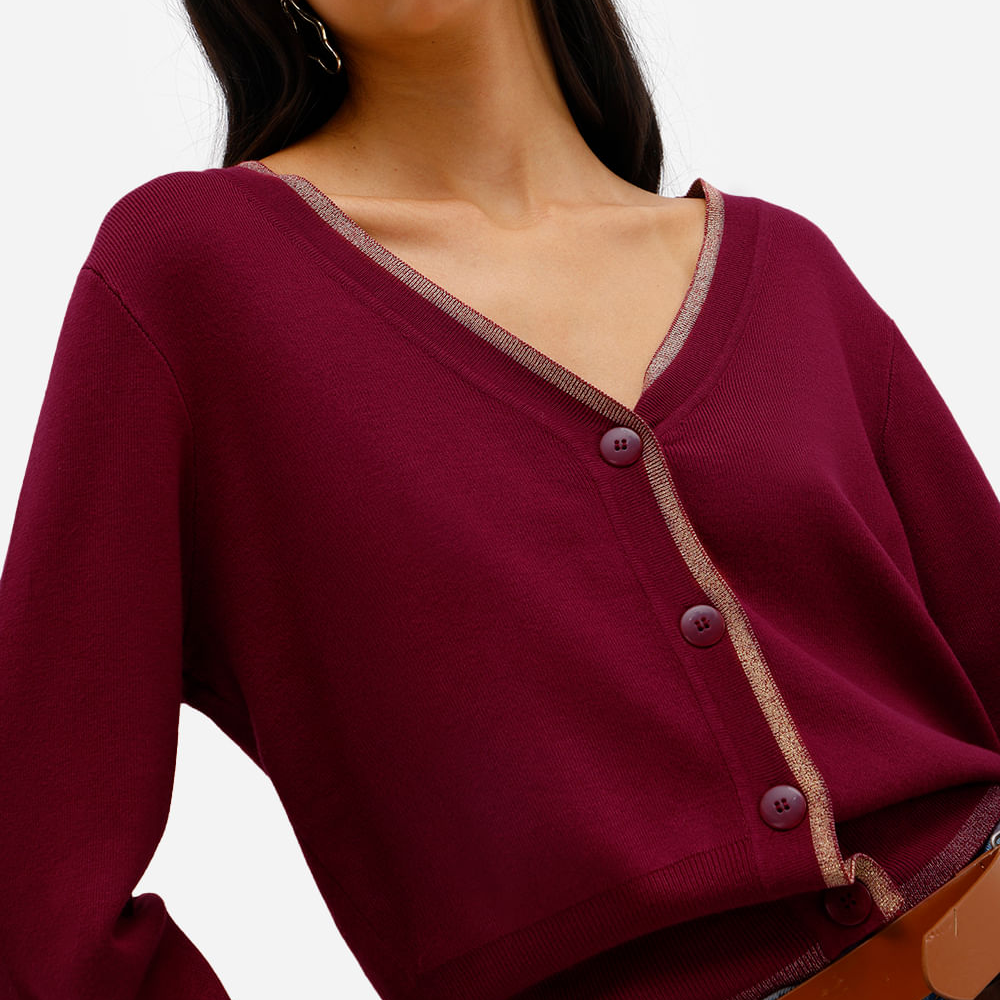 Cardigan feminino de tricot com lurex vinho Cardigan feminino de tricot com lurex vinho