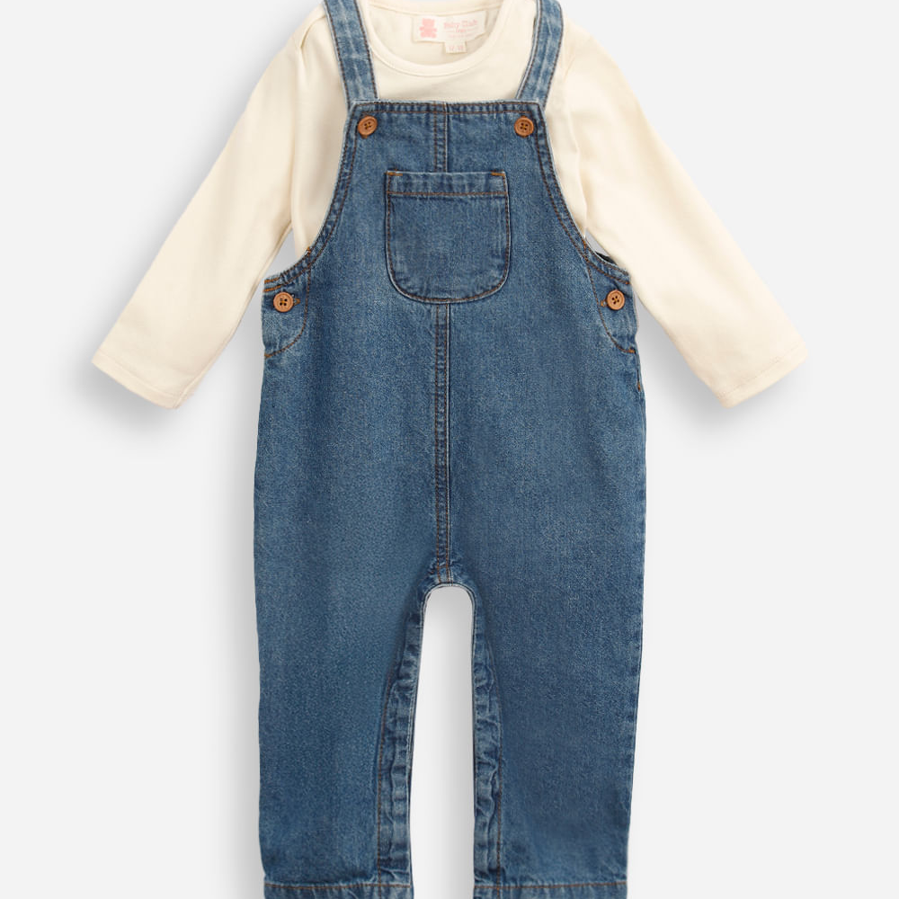 Jardineira jeans infantil com blusa de manga longa azul Jardineira jeans infantil com blusa de manga longa azul