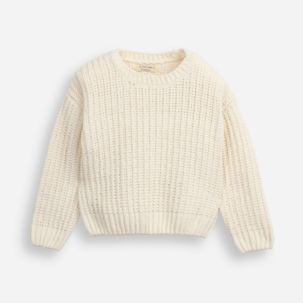Suéter infantil de tricot chenille manga longa off white