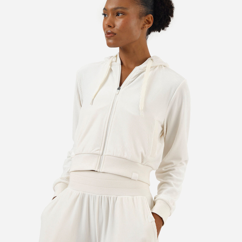Jaqueta bomber cropped plush esportiva com capuz off white Jaqueta bomber cropped plush esportiva com capuz off white
