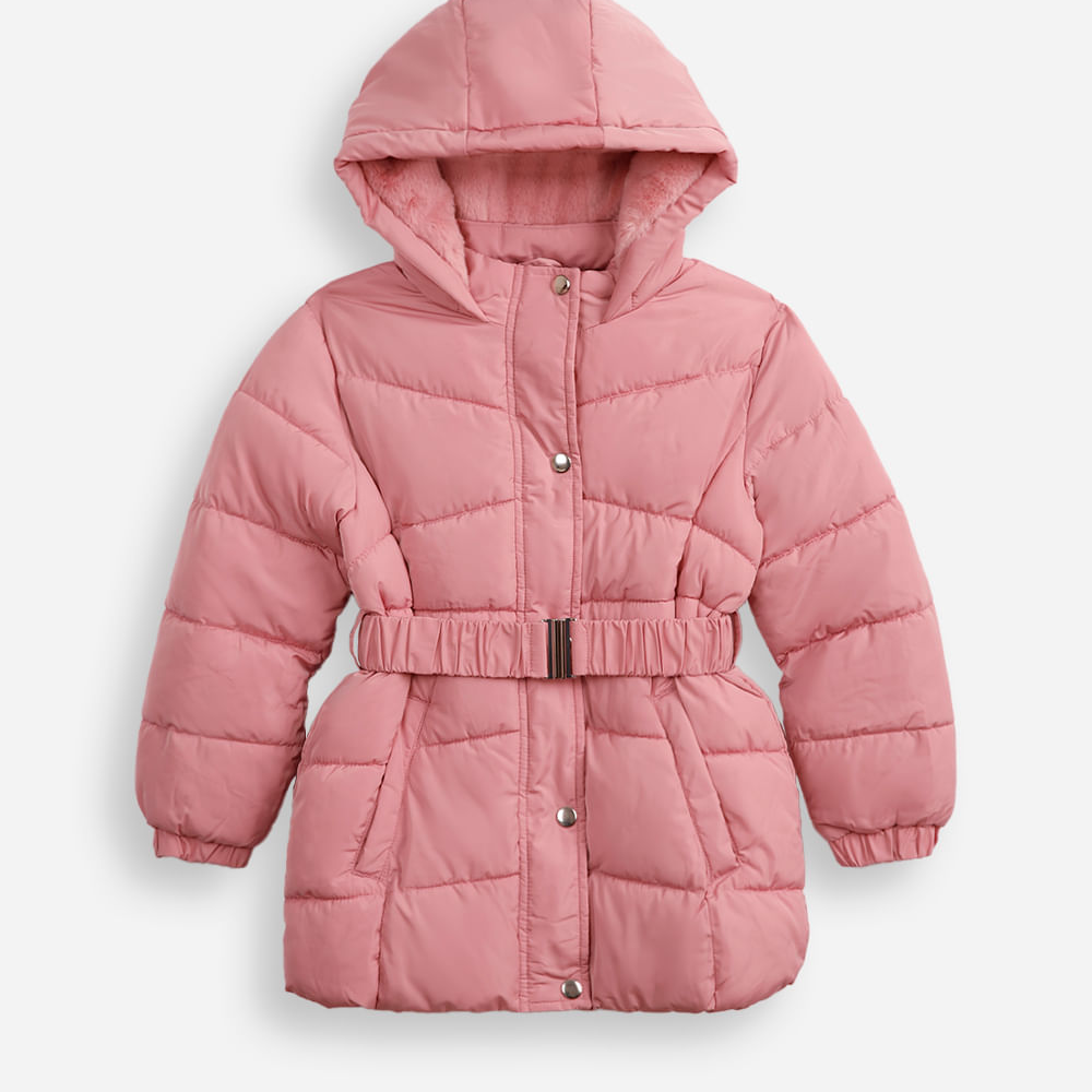 Jaqueta puffer infantil alongada com faixa rosa