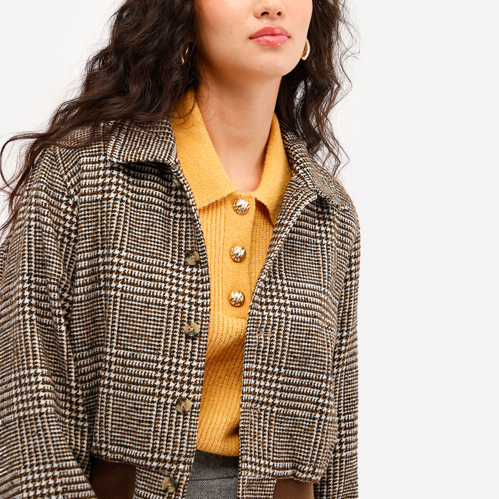 Jaqueta bomber feminina texturizada xadrez marrom Jaqueta bomber feminina texturizada xadrez marrom