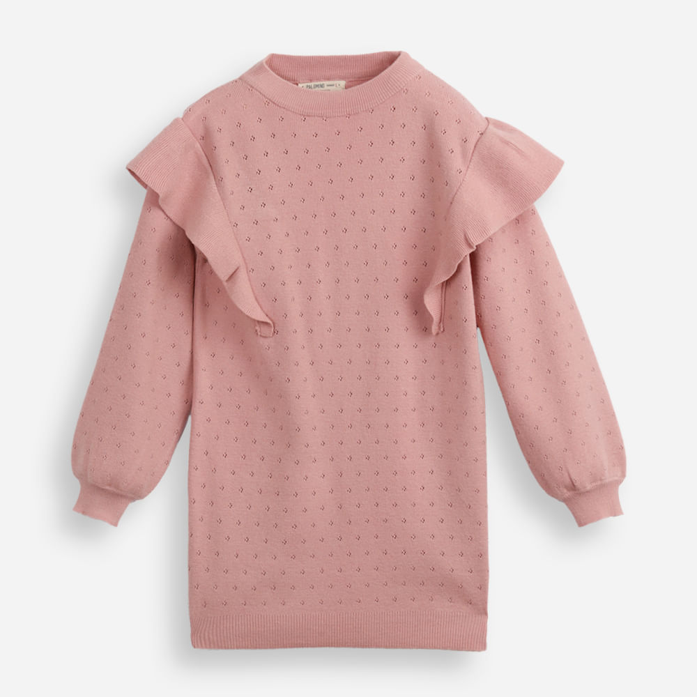 Vestido infantil de tricot manga longa com babados rosa Vestido infantil de tricot manga longa com babados rosa