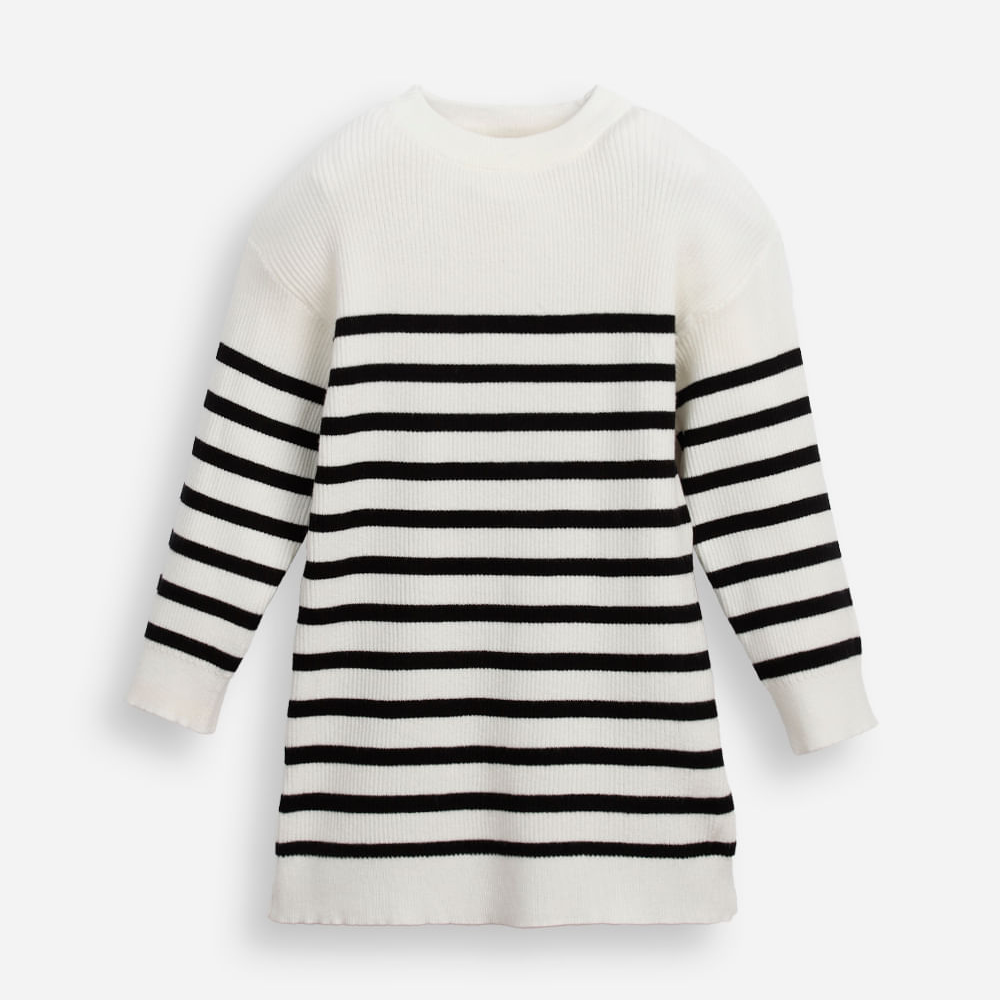 Vestido infantil de tricot listrado off white Vestido infantil de tricot listrado off white
