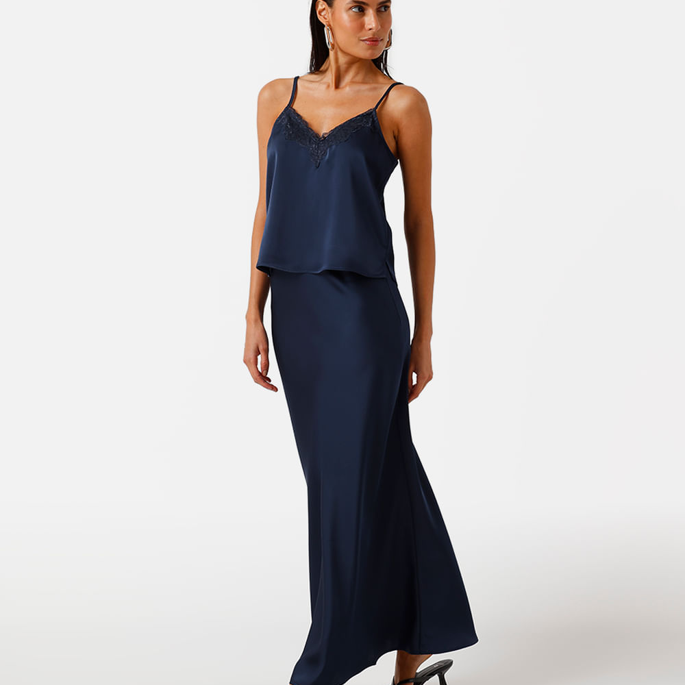 Saia longa feminina evasê acetinada cós elástico azul Saia longa feminina evasê acetinada cós elástico azul