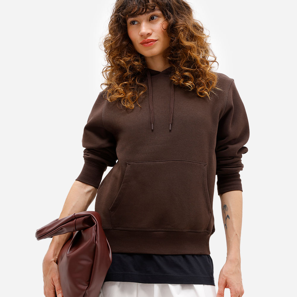 Blusão básico feminino de moletom com capuz marrom Blusão básico feminino de moletom com capuz marrom
