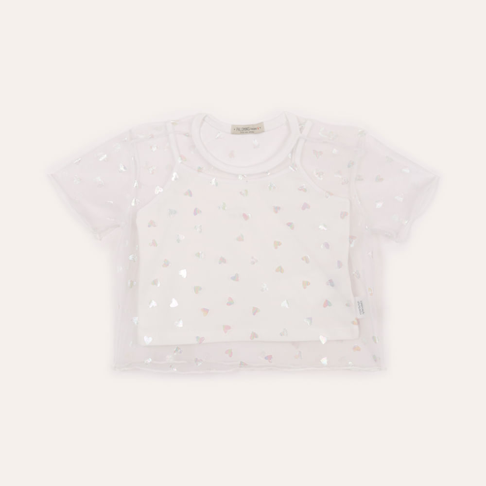 Blusa de tule infantil coração holográfico off white