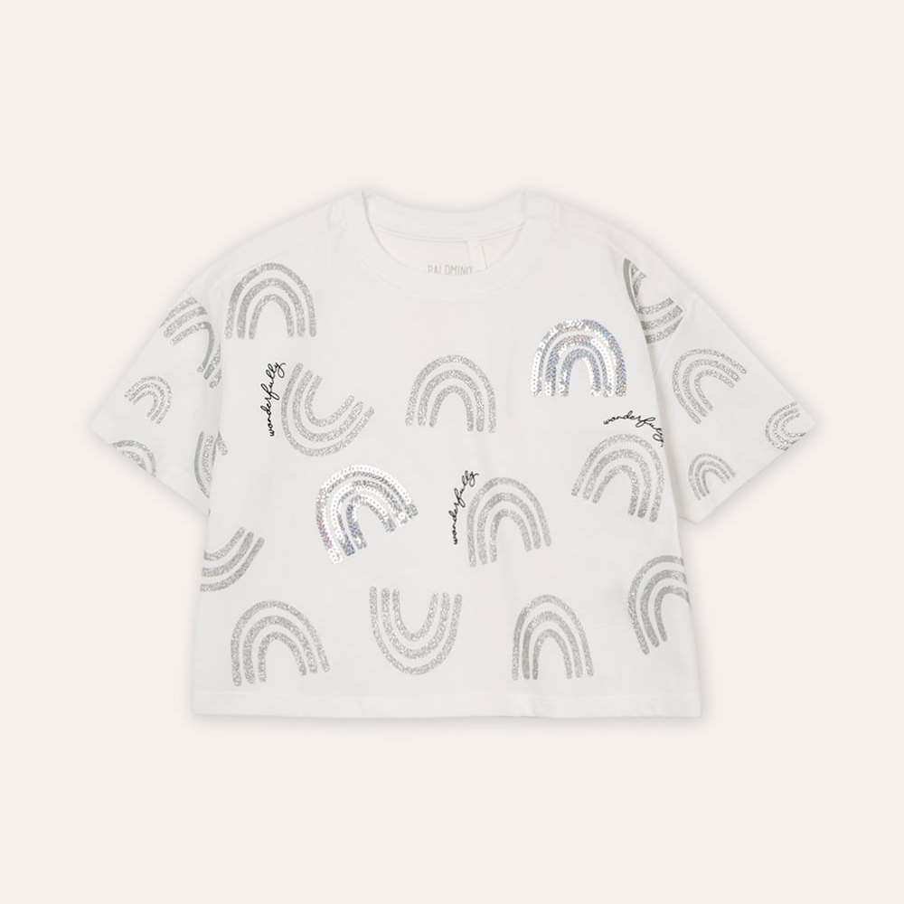 Camiseta de algodão infantil wonderfully com paetê off white Camiseta de algodão infantil wonderfully com paetê off white